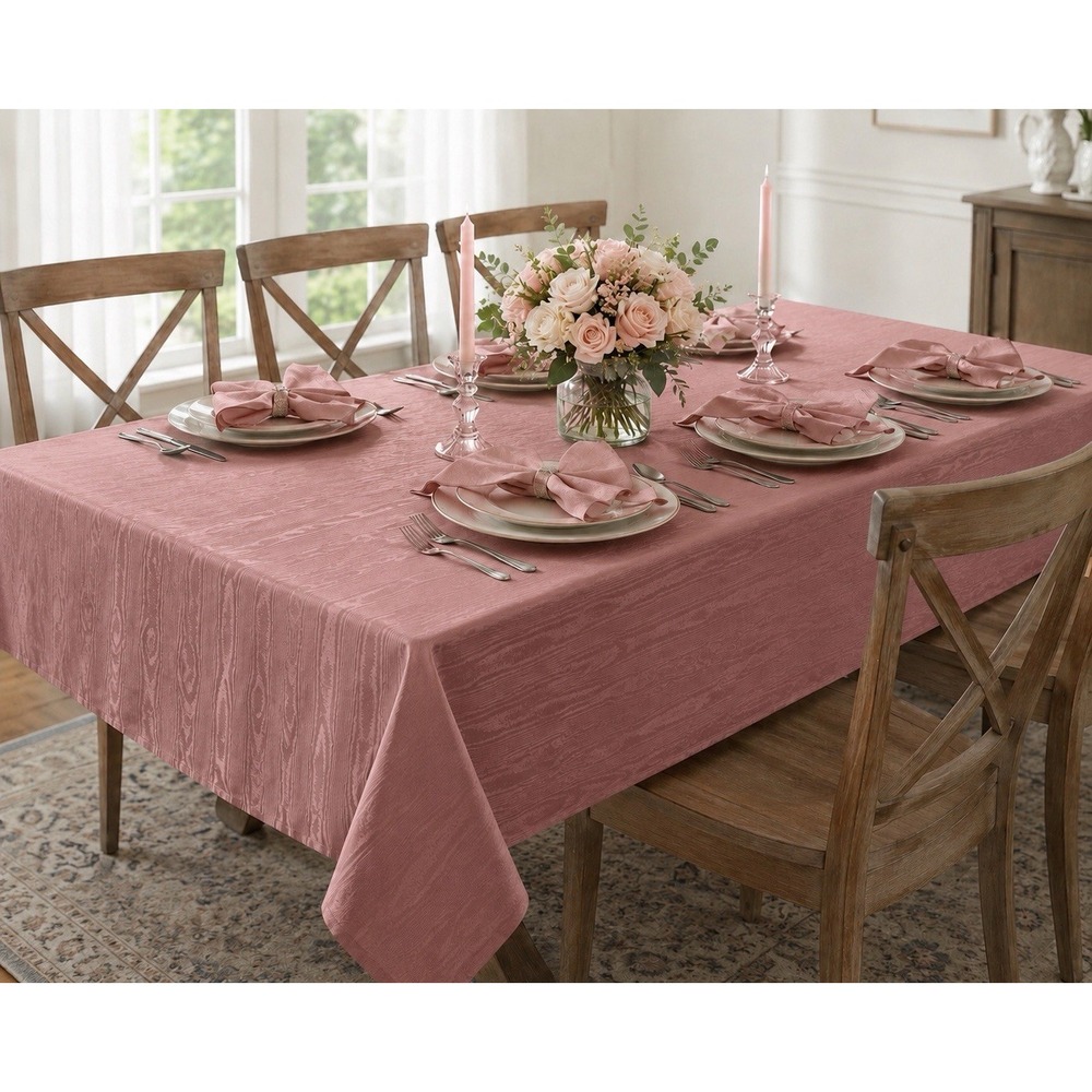Vintage Moire Tablecloth Rose Pink 80x60 9 Matching Napkins Rectangle Wood Grain
